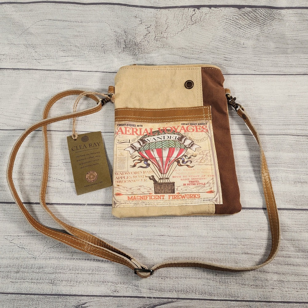 Clea Ray Hot Air Balloon Passport Crossbody Bag Repurposed Canvas Vintage Style